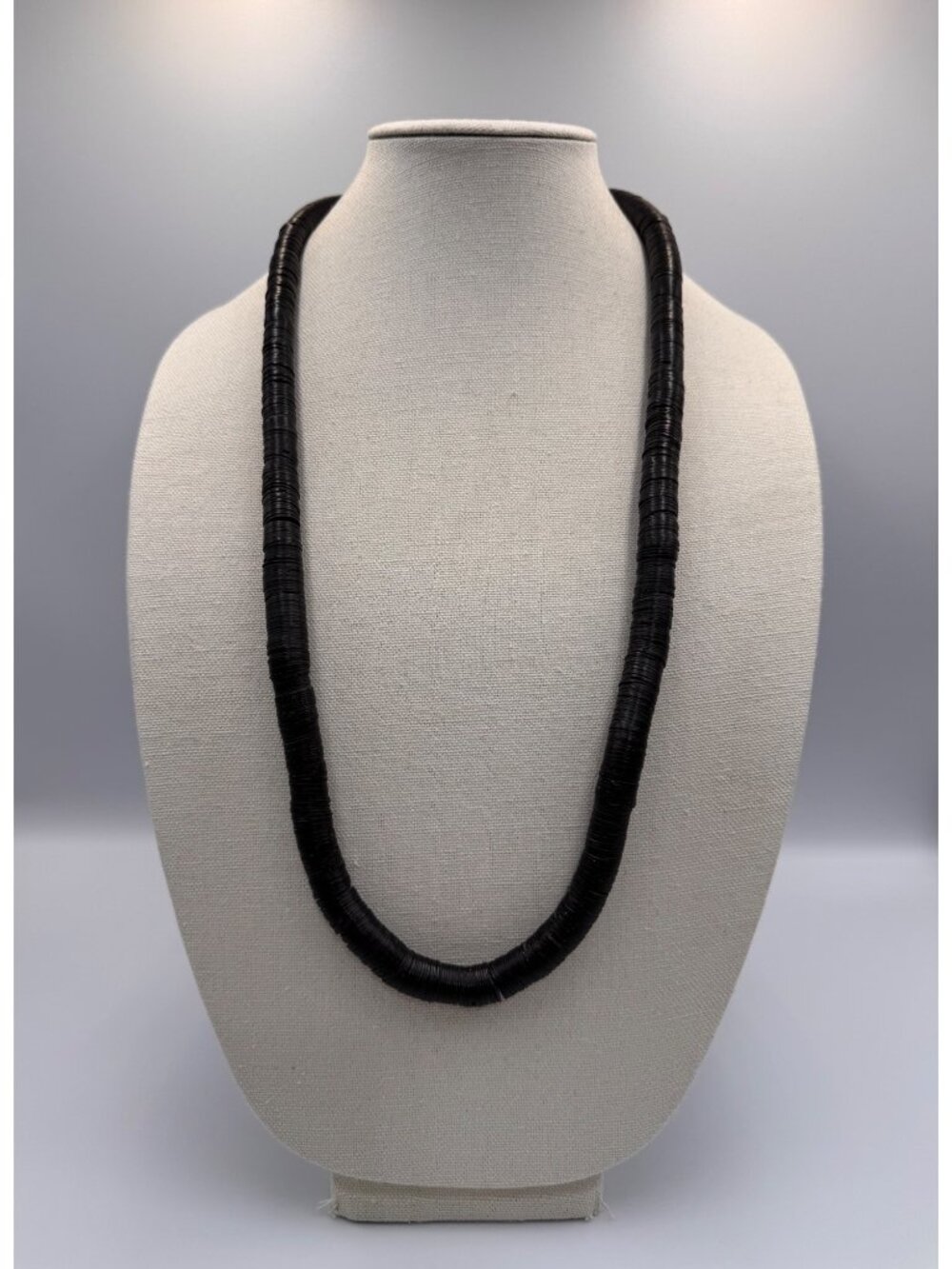 Black Coconut Shell Heishi Disc Bead Necklace 32” Tribal Boho Statement